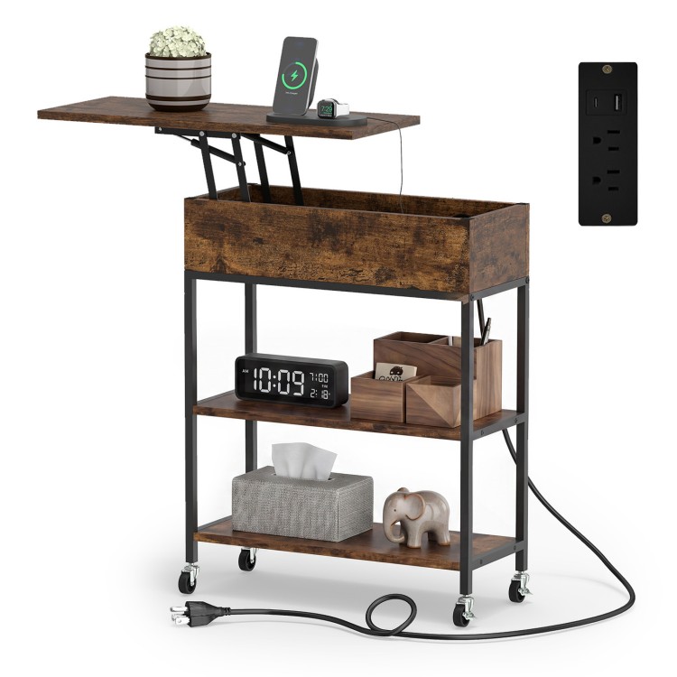 Rustic brown lift top end table showcases a spacious hidden storage compartment and features a built-in power strip for charging.
