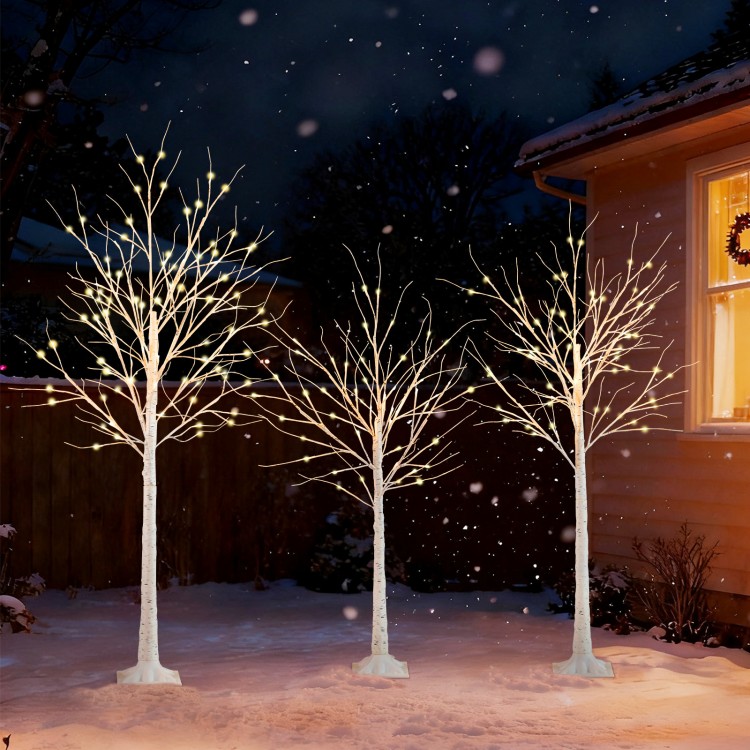 Set of 3 lighted birch trees (4/5/6 ft) with warm white LED lights, perfect for holiday and outdoor decoration.