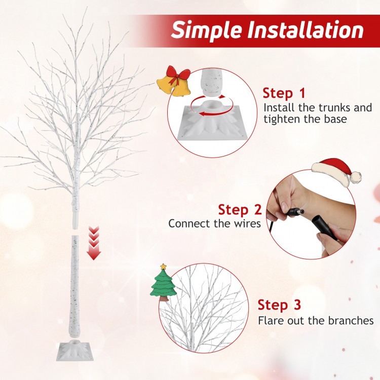Lighted birch tree set of 3 with 4/5/6 ft heights, featuring warm white LED lights for festive indoor and outdoor decor.