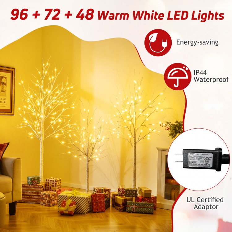 Lighted birch tree set of 3 with warm white LED lights, featuring bendable branches for indoor and outdoor holiday.