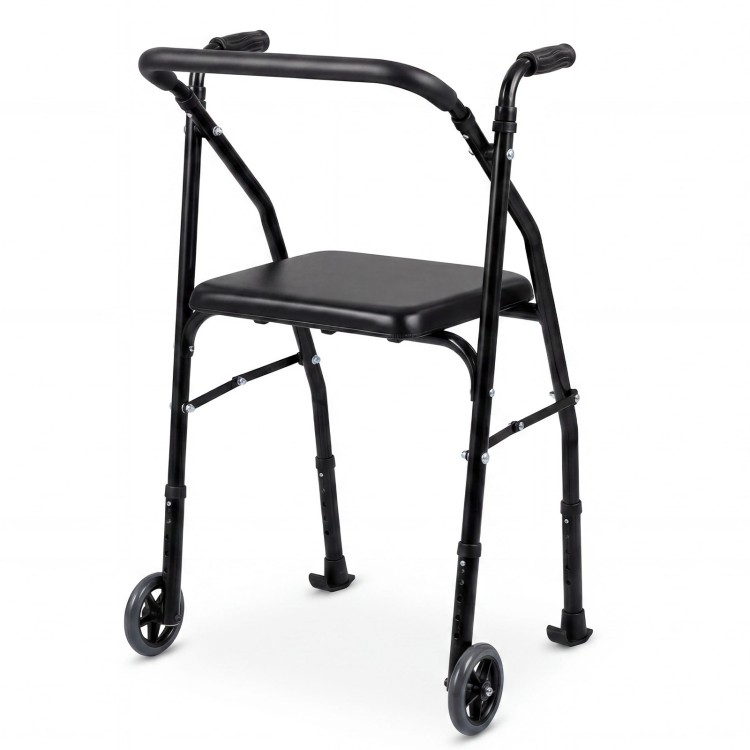 Lightweight aluminum mobility walker featuring a sturdy H-shaped frame, padded seat, and smooth-rolling wheels for.