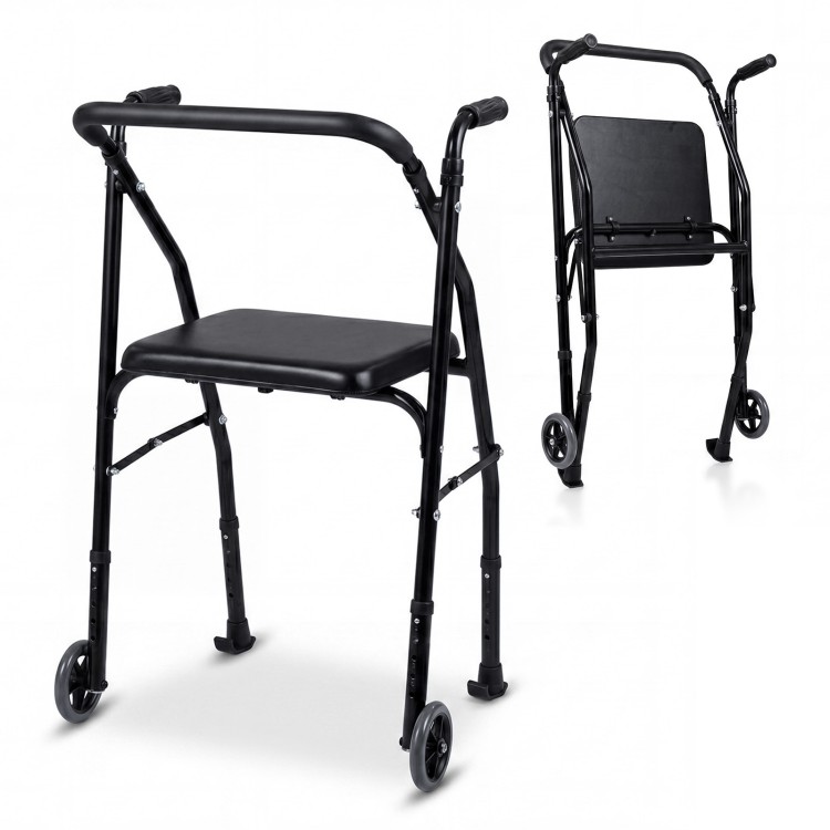 Lightweight aluminum mobility walker with padded seat, 2 wheels, and 5-level adjustable height for seniors' comfort.