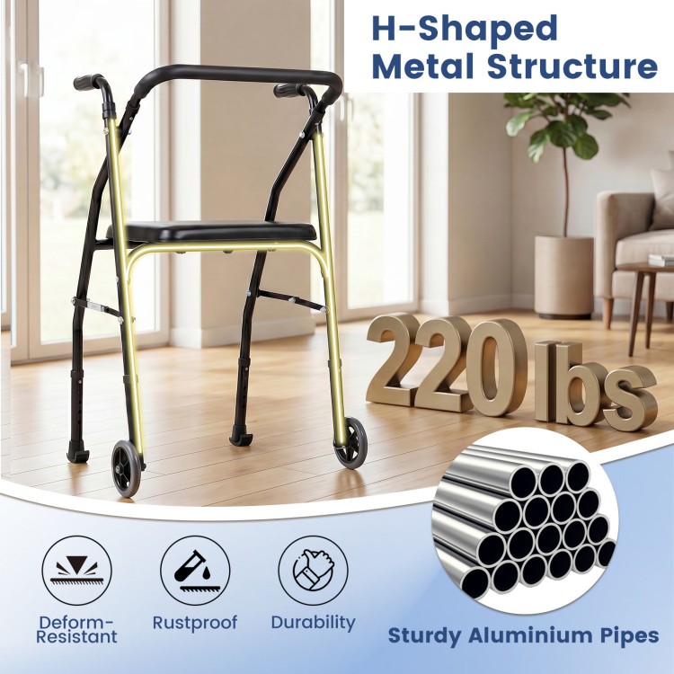 Lightweight aluminum mobility walker with padded seat, H-shaped structure, and 2 wheels for seniors' support and.
