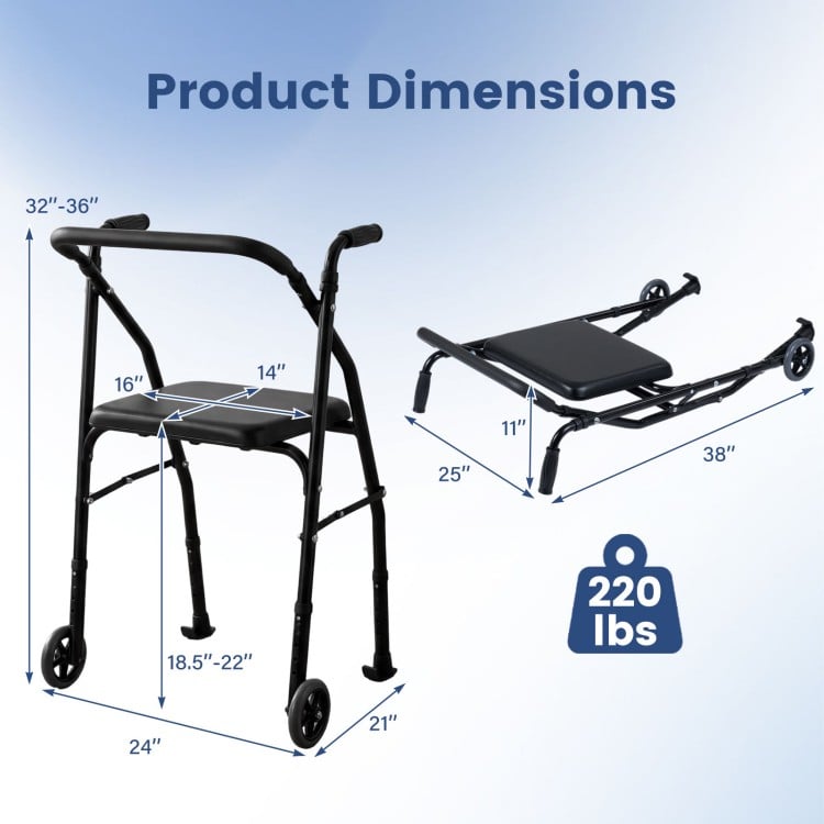 Product dimension chart for a lightweight aluminum mobility walker, featuring adjustable height and sturdy design for seniors.