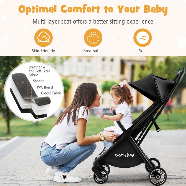 Lightweight baby stroller with adjustable backrest, compact design, and telescopic sun canopy for travel convenience.
