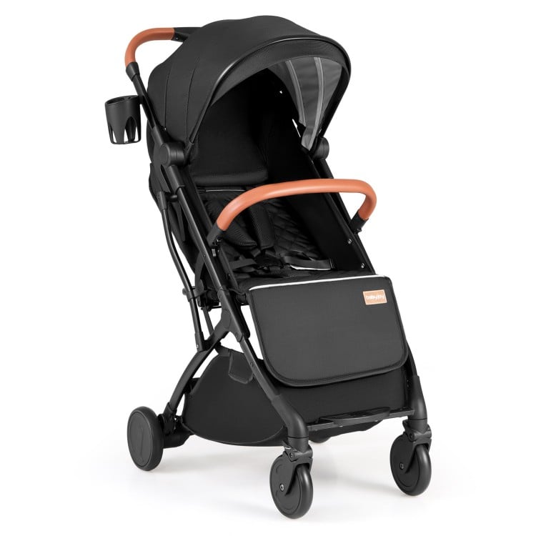Lightweight black baby stroller with adjustable canopy, one-hand folding design, and peek-a-boo window for easy travel.