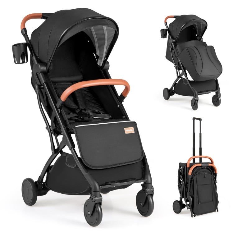 Lightweight black baby stroller with adjustable canopy, one-hand folding, and peek-a-boo window for easy travel.