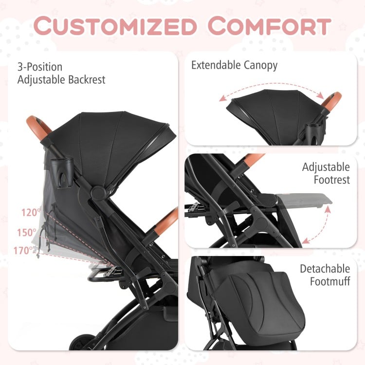 Adjustable backrest and extendable canopy of the lightweight black baby stroller for customized comfort and convenience.