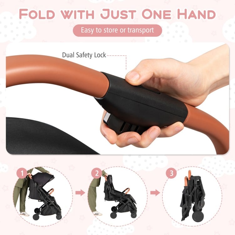 Lightweight baby stroller with one-hand folding feature, dual safety lock, and adjustable canopy for easy transport.