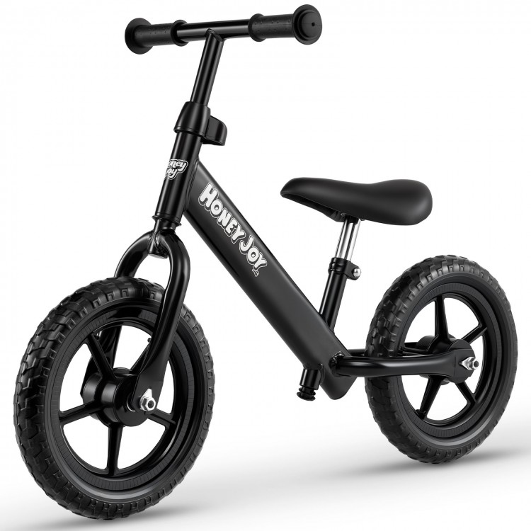 Lightweight black toddler balance bike with adjustable seat, 11" anti-skid tires, and carbon steel frame for stability.