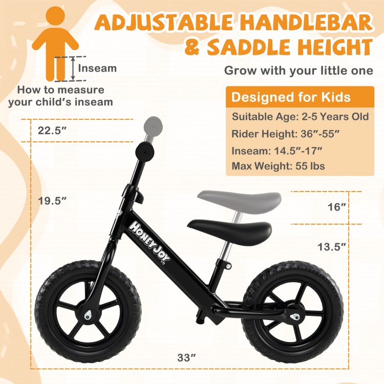 Lightweight black toddler balance bike with adjustable seat and handlebar, designed for kids aged 2-5 years.