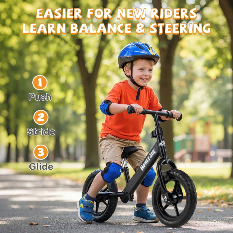 Lightweight toddler balance bike in black with adjustable seat, 11" anti-skid tires, perfect for new riders learning.