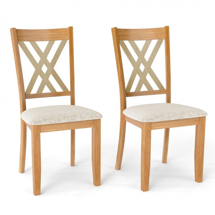 Set of 2 natural wooden dining chairs with linen fabric upholstery and X-shaped backrest for comfortable seating.
