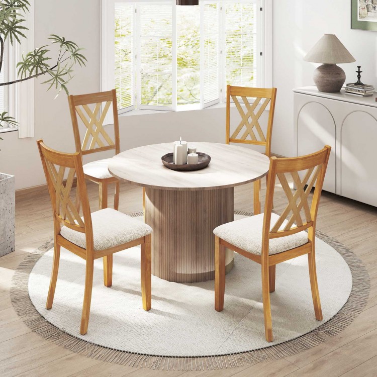 Natural wooden dining chairs with linen fabric upholstery, featuring an ergonomic backrest and classic farmhouse style.