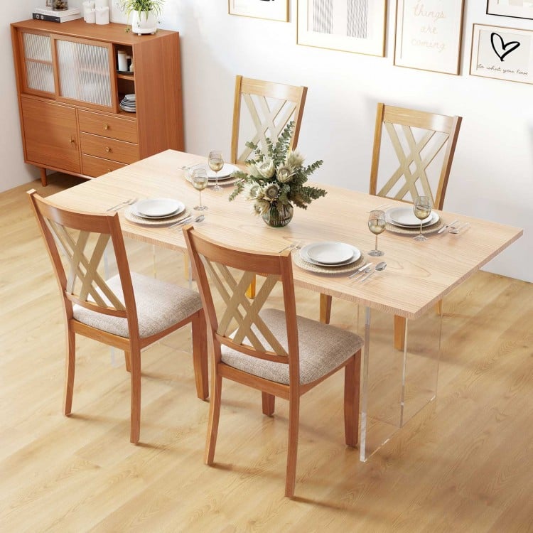 Linen fabric upholstered wooden dining chair set with rubber wood frame, featuring ergonomic high backrest for comfort.