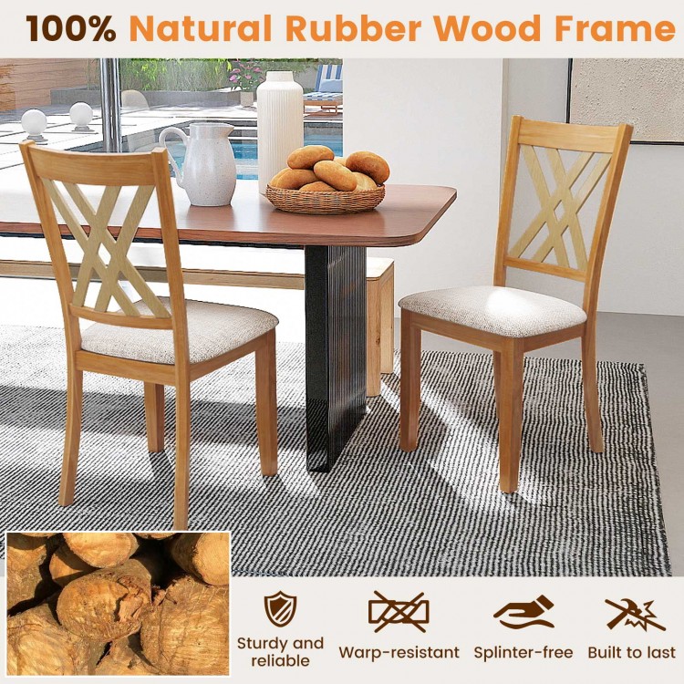 Natural rubber wood dining chairs with linen upholstery, featuring an ergonomic high backrest and classic farmhouse.