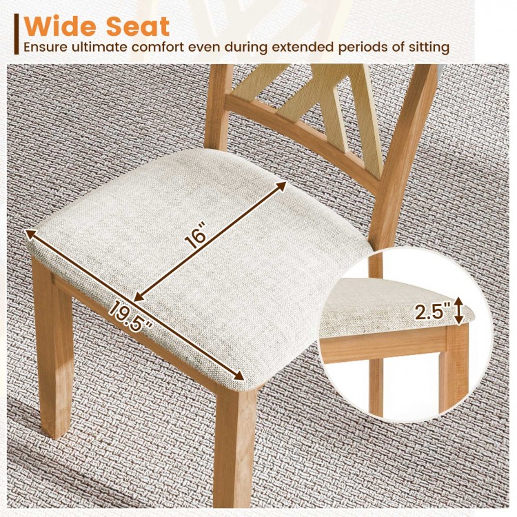 Wide seat of linen fabric upholstered dining chair with rubber wood frame, designed for comfort and stability in dining.