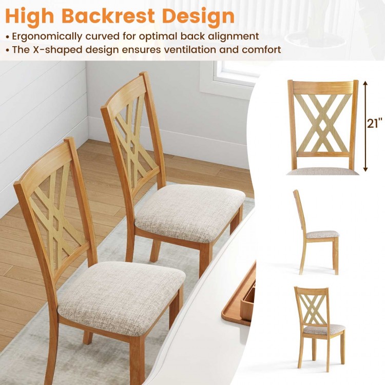 Wooden dining chair set of 2 with ergonomic high backrest, linen upholstery, and rubber wood frame for comfort.