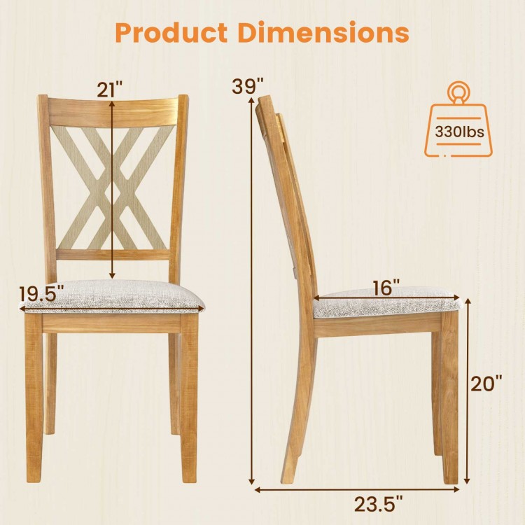 Side view of a natural wooden dining chair with linen fabric upholstery, featuring ergonomic design and sturdy rubber.