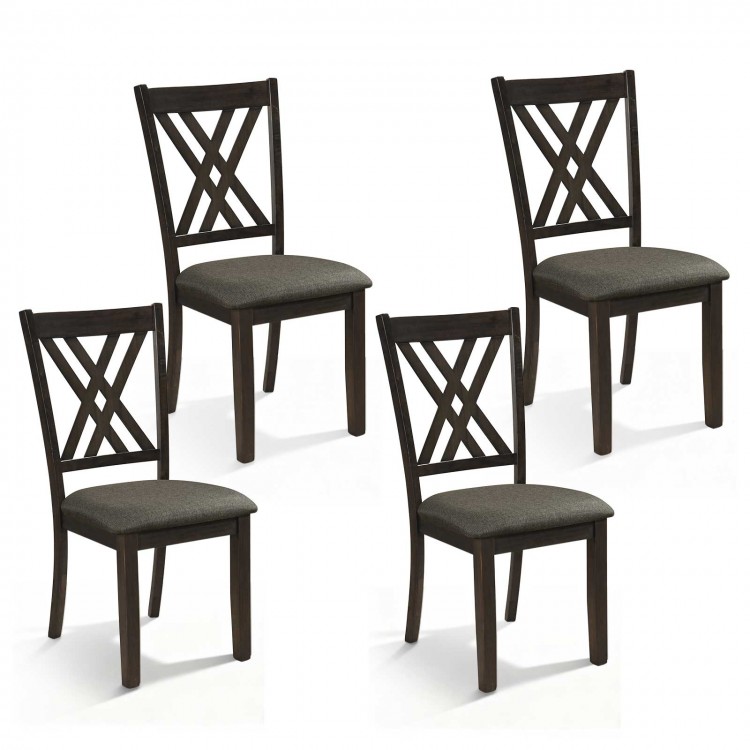 Set of 4 gray linen fabric upholstered wooden dining chairs with rubber wood frame, featuring X-shaped design for.