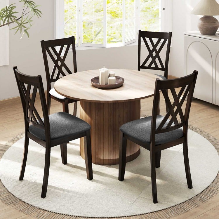 Gray linen fabric upholstered dining chairs set of 4 with rubber wood frame, featuring X-shaped design for comfort.