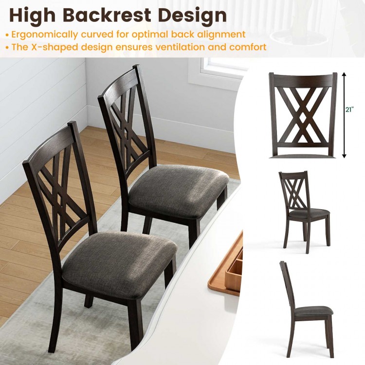 Set of two gray linen fabric upholstered wooden dining chairs with ergonomic high backrest for comfort and support.