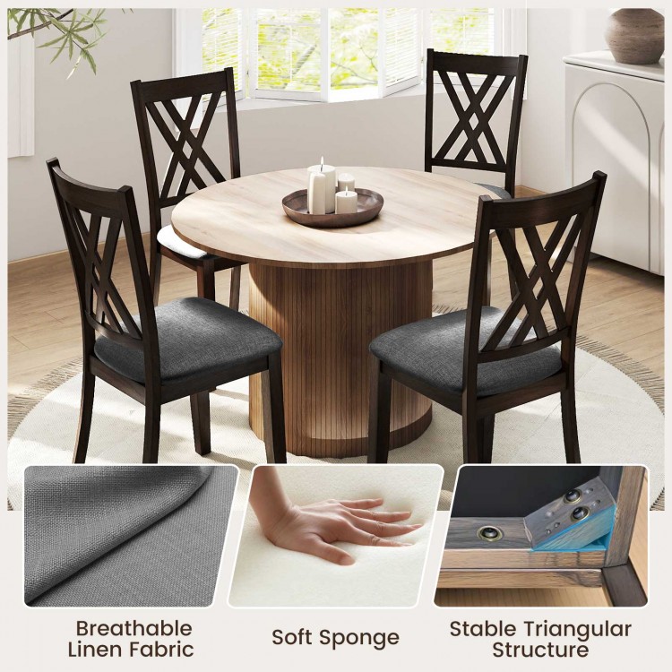 Gray linen fabric upholstered dining chairs set of 4 with rubber wood frame and ergonomic high backrest for comfort.