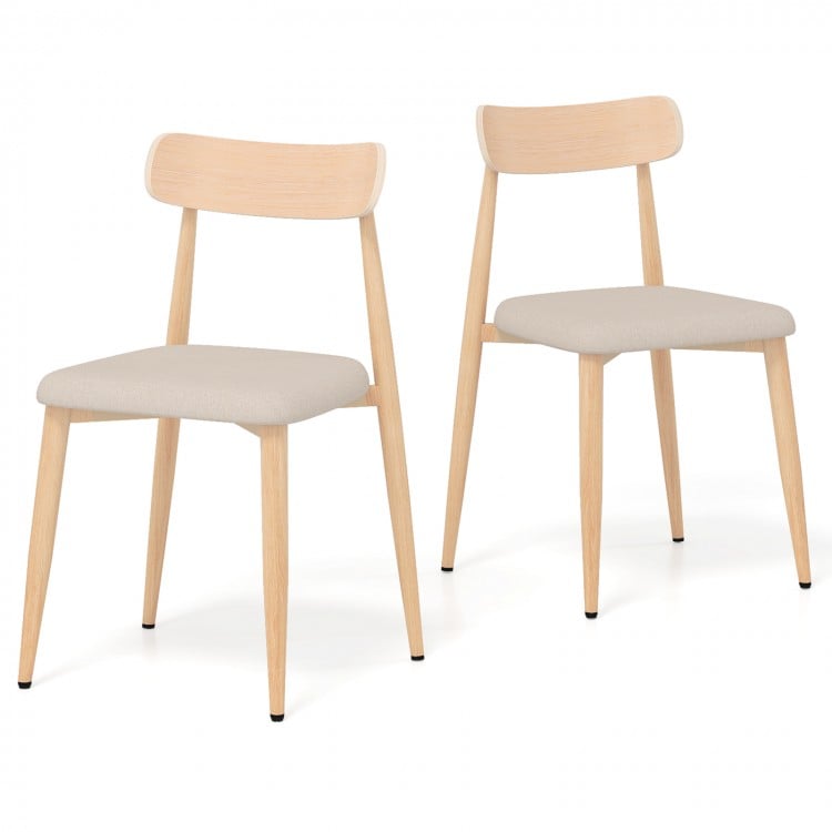 Set of 2 modern dining chairs with oak legs, padded linen fabric seats, and curved backs for optimal comfort.