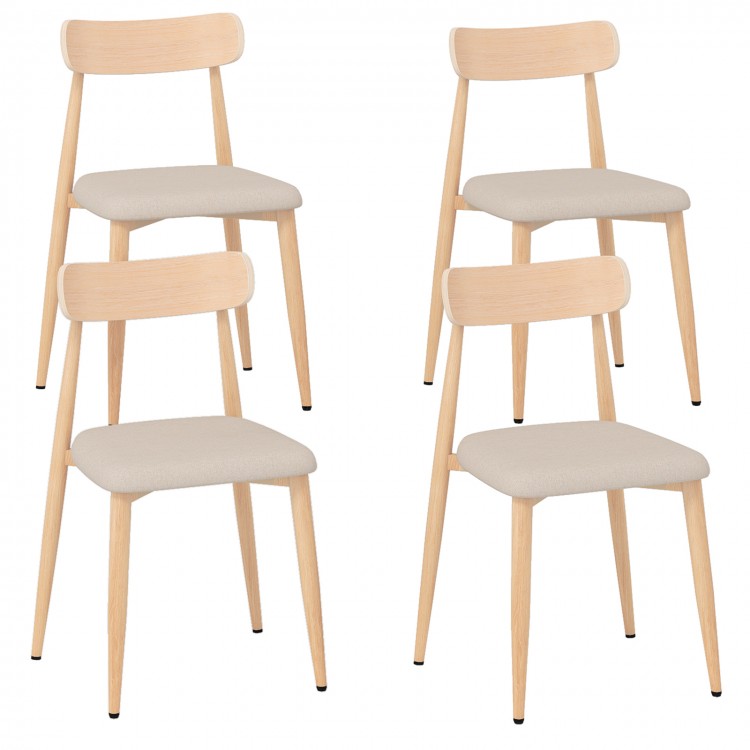 Set of 4 modern dining chairs with oak legs, padded linen fabric seats, and curved backs for stylish comfort.