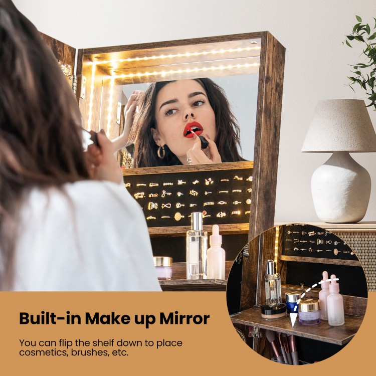 Lockable freestanding jewelry organizer with built-in makeup mirror and LED lights, ideal for stylish storage and.