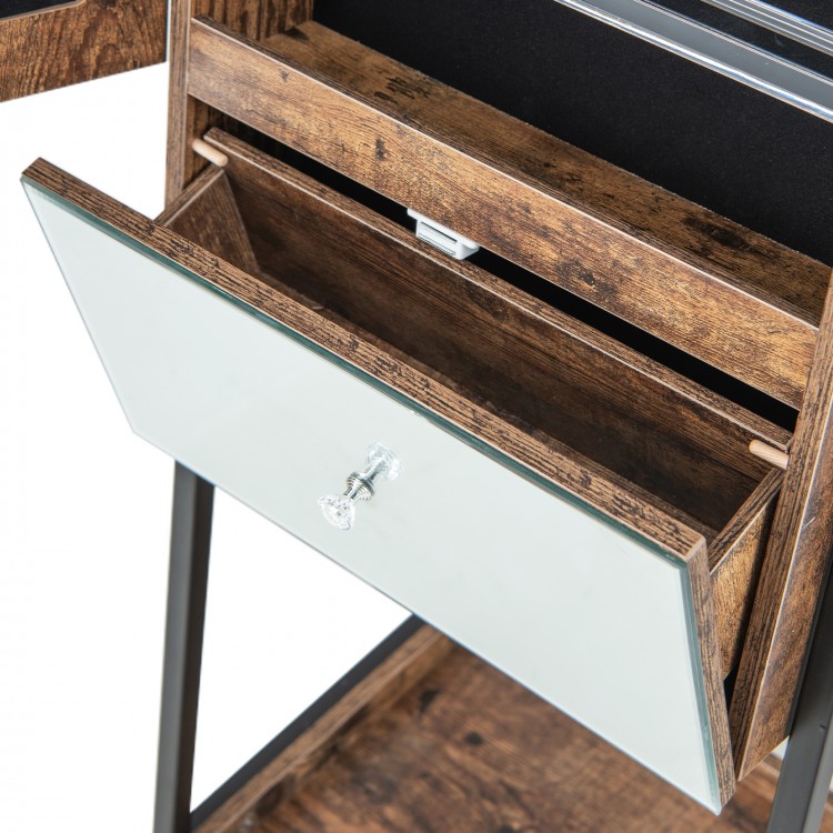 Close-up of the drawer in a lockable jewelry organizer with a full-length mirror, featuring a stylish wood finish and.