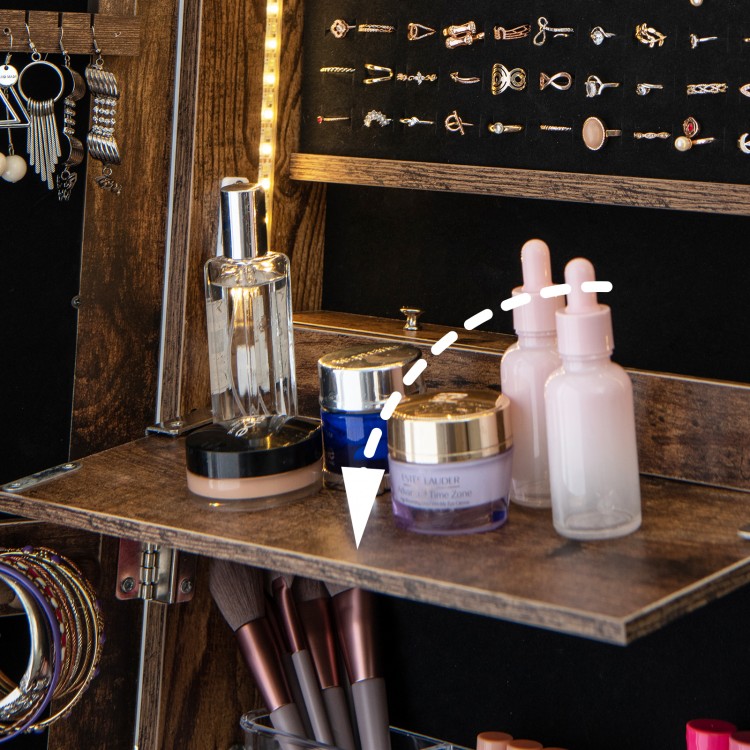 Freestanding jewelry organizer with removable shelves, featuring a built-in mirror and LED lights for convenient.