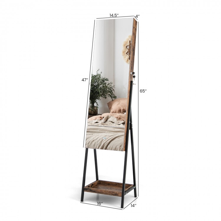 Freestanding jewelry organizer with full-length mirror, lockable design, and removable shelves for organized storage.