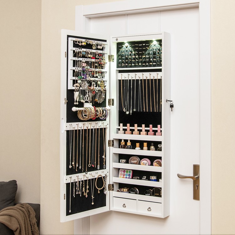 Lockable wall-mounted jewelry cabinet in white with LED lights, featuring a full-length mirror and ample storage for.