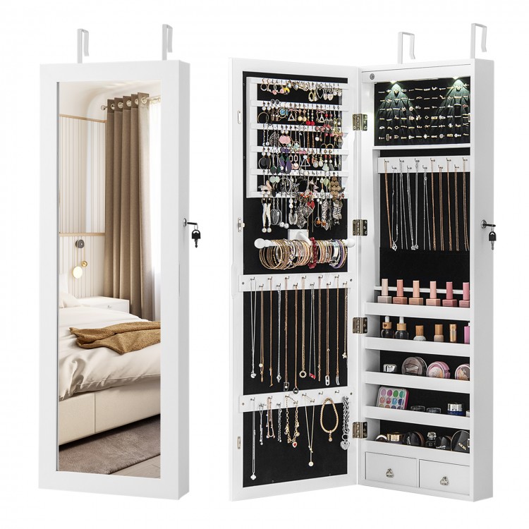 Lockable wall-mounted jewelry cabinet in white with LED lights, full-length mirror, and spacious storage for.
