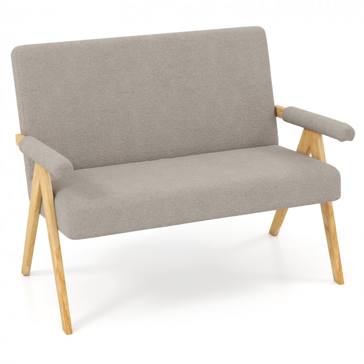 Gray loveseat sofa with upholstered armrests and rubber wood legs, perfect for small spaces in living rooms or offices.