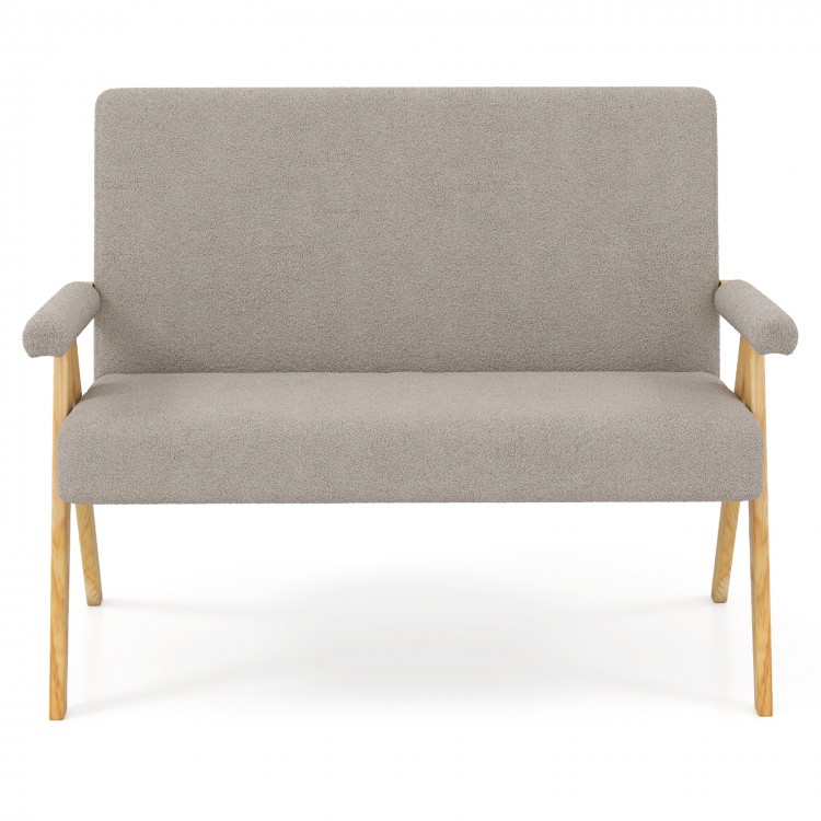 Gray loveseat sofa with armrests, soft sherpa fabric, and wooden legs, perfect for small spaces in living rooms or.