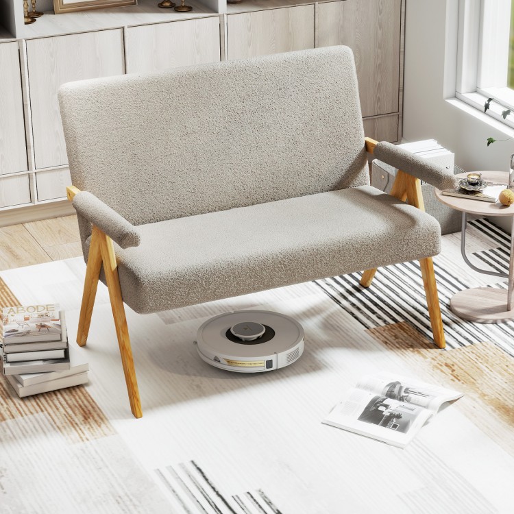 Gray loveseat sofa with armrests and wooden legs, featuring soft sherpa fabric, ideal for small spaces and easy robot.