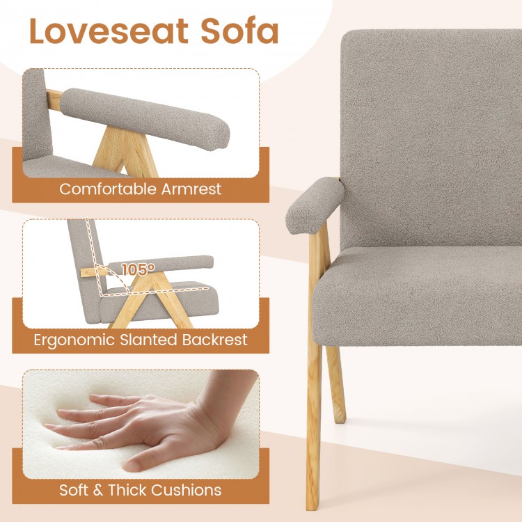 Gray loveseat sofa featuring soft sherpa fabric, ergonomic slanted backrest, and wooden legs, perfect for small spaces.