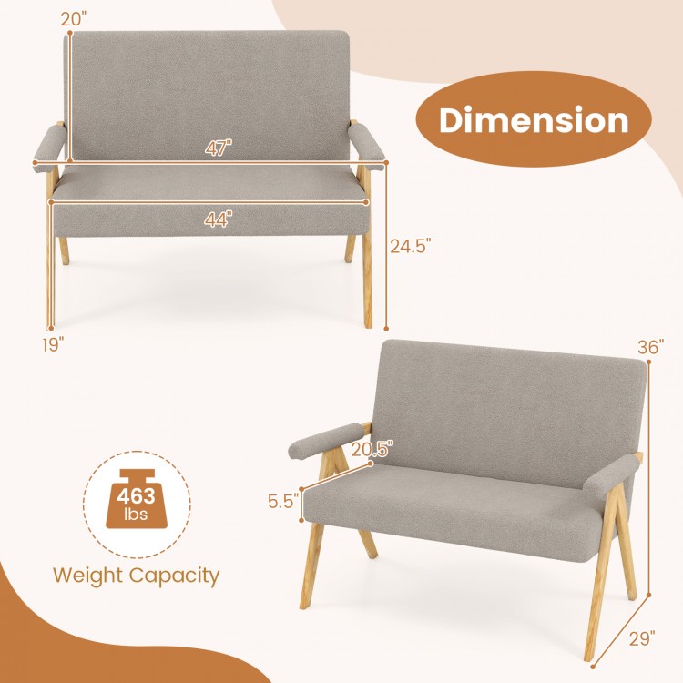 Loveseat sofa with armrests in gray, featuring rubber wood legs and compact design, ideal for small spaces.