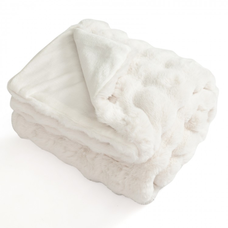 Luxury fuzzy plush rabbit fur bubble blanket in white, featuring double-sided design for cozy warmth and comfort.