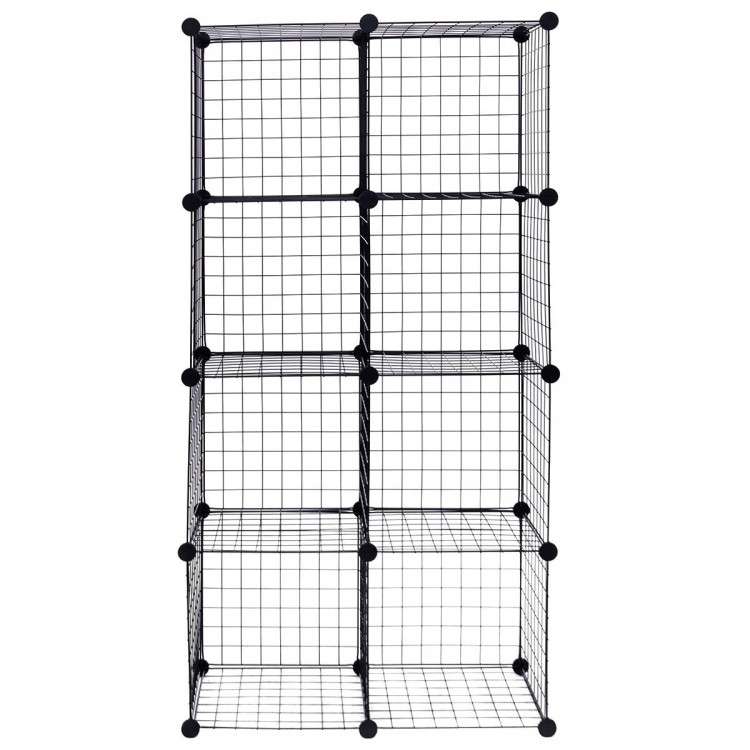 DIY 8 cube grid wire shelves in black, featuring interlocking design for versatile storage and organization solutions.