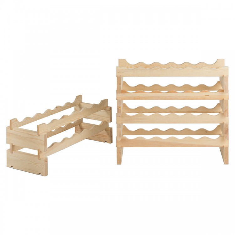 Modular wooden wine rack designed for 36 bottles, showcasing a side view of the sturdy construction and arc-shaped.