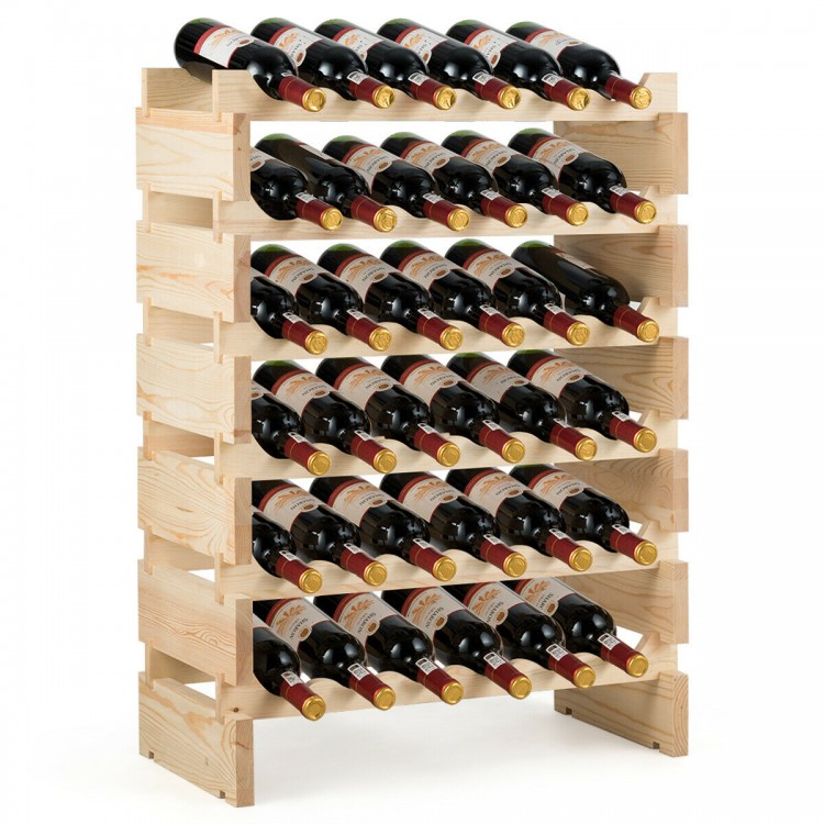 Stackable wooden wine rack holding 36 bottles, featuring a wobble-free design and made of durable pine for home use.