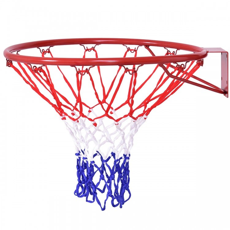 18-inch wall-mounted basketball hoop with red rim and all-weather net, designed for indoor and outdoor play.