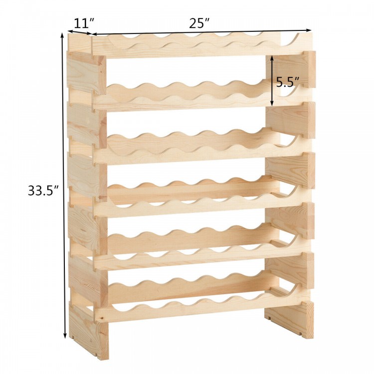 Stackable wooden wine rack for 36 bottles, featuring a wobble-free design and sturdy pine construction, ideal for home.