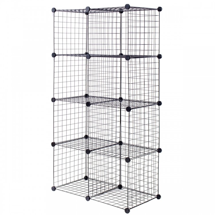 Black DIY 8 cube grid wire shelves made from steel wire, offering flexible storage solutions for home organization.