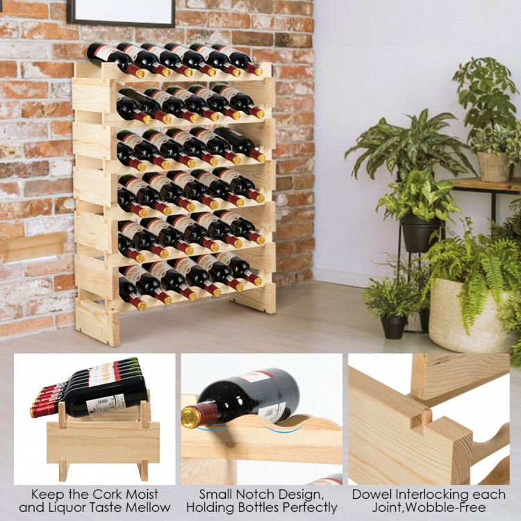 36-bottle stackable wooden wine rack made of durable pine, featuring wobble-free design and arc-shaped bottle holders.