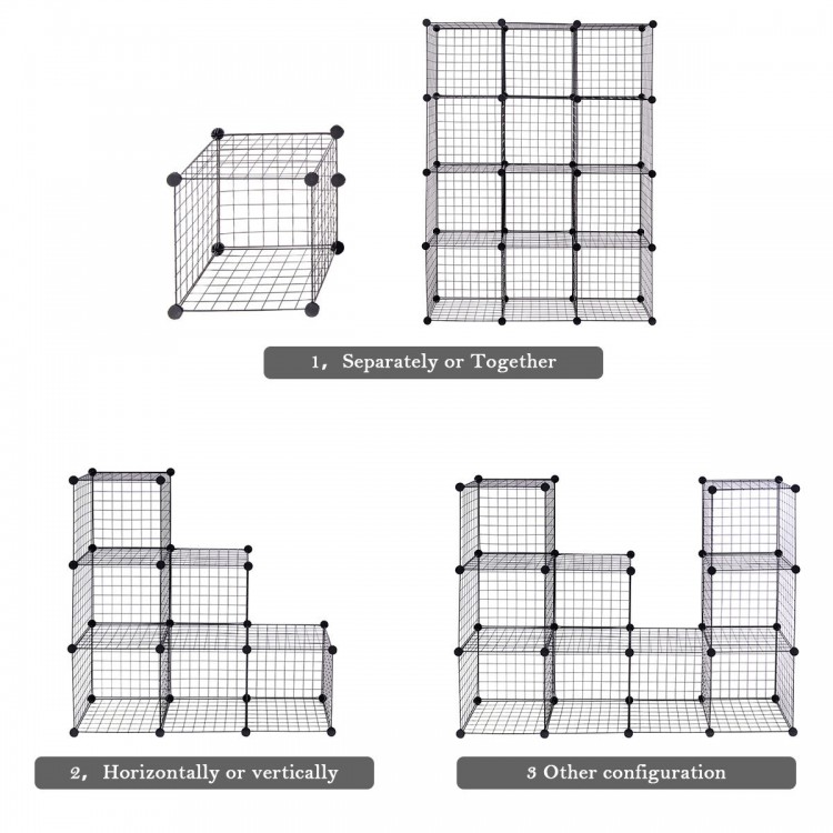 8 cube grid wire shelves in various configurations, made from black steel wire for versatile storage solutions.