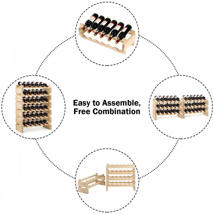Modular wooden wine rack designed to hold 36 bottles, featuring a sturdy construction and elegant arc-shaped design.